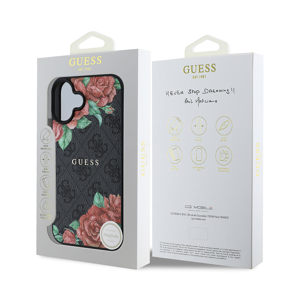 Apple iPhone 16 Kılıf Guess Orjinal Lisanslı M-safe Şarj Özellikli Gül Baskılı 4G Desenli Yazı Logolu Kapak