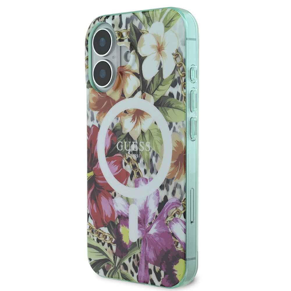 Apple iPhone 16 Kılıf Guess Orjinal Lisanslı M-safe Şarj Özellikli IML Baskılı Jungle Ring Kapak