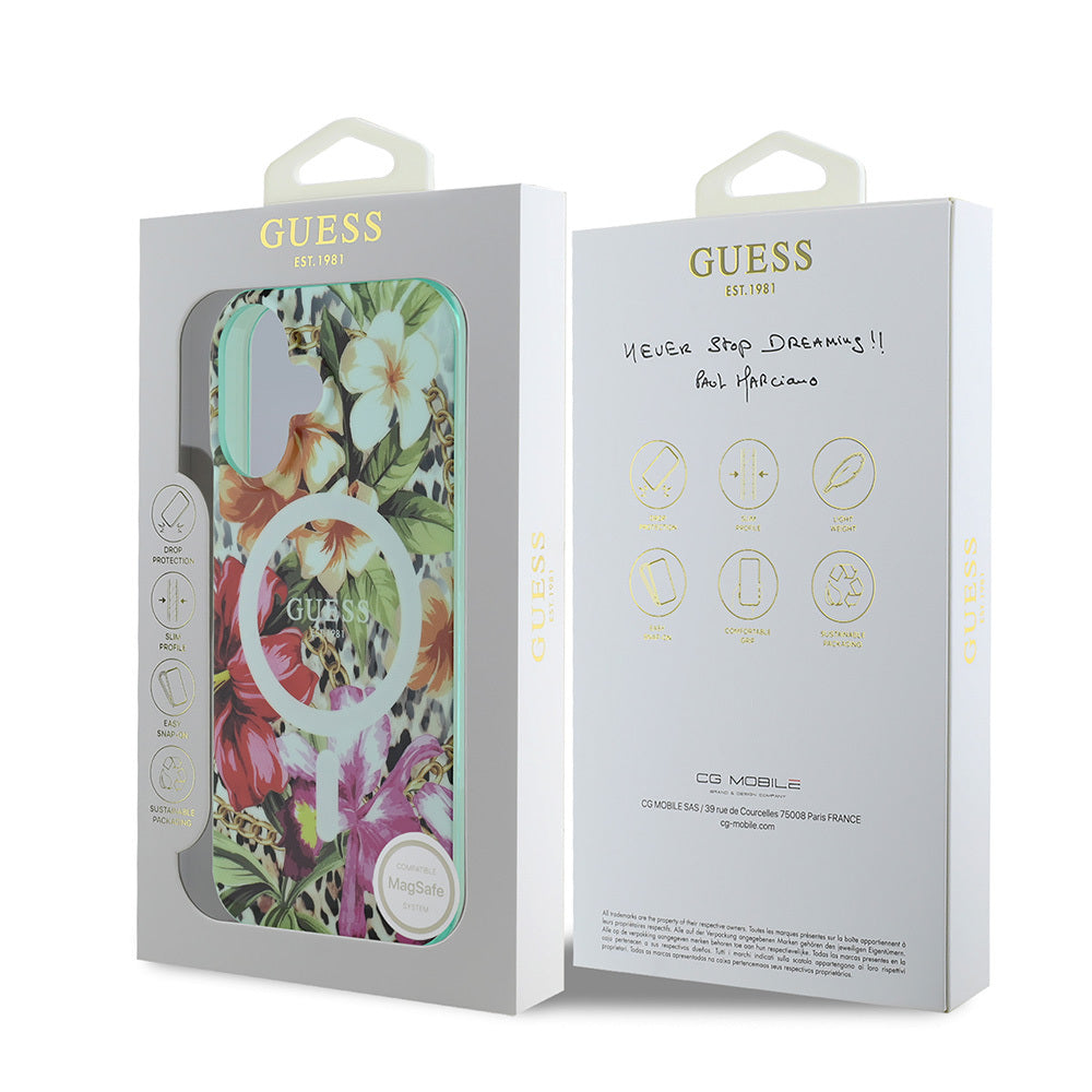 Apple iPhone 16 Kılıf Guess Orjinal Lisanslı M-safe Şarj Özellikli IML Baskılı Jungle Ring Kapak