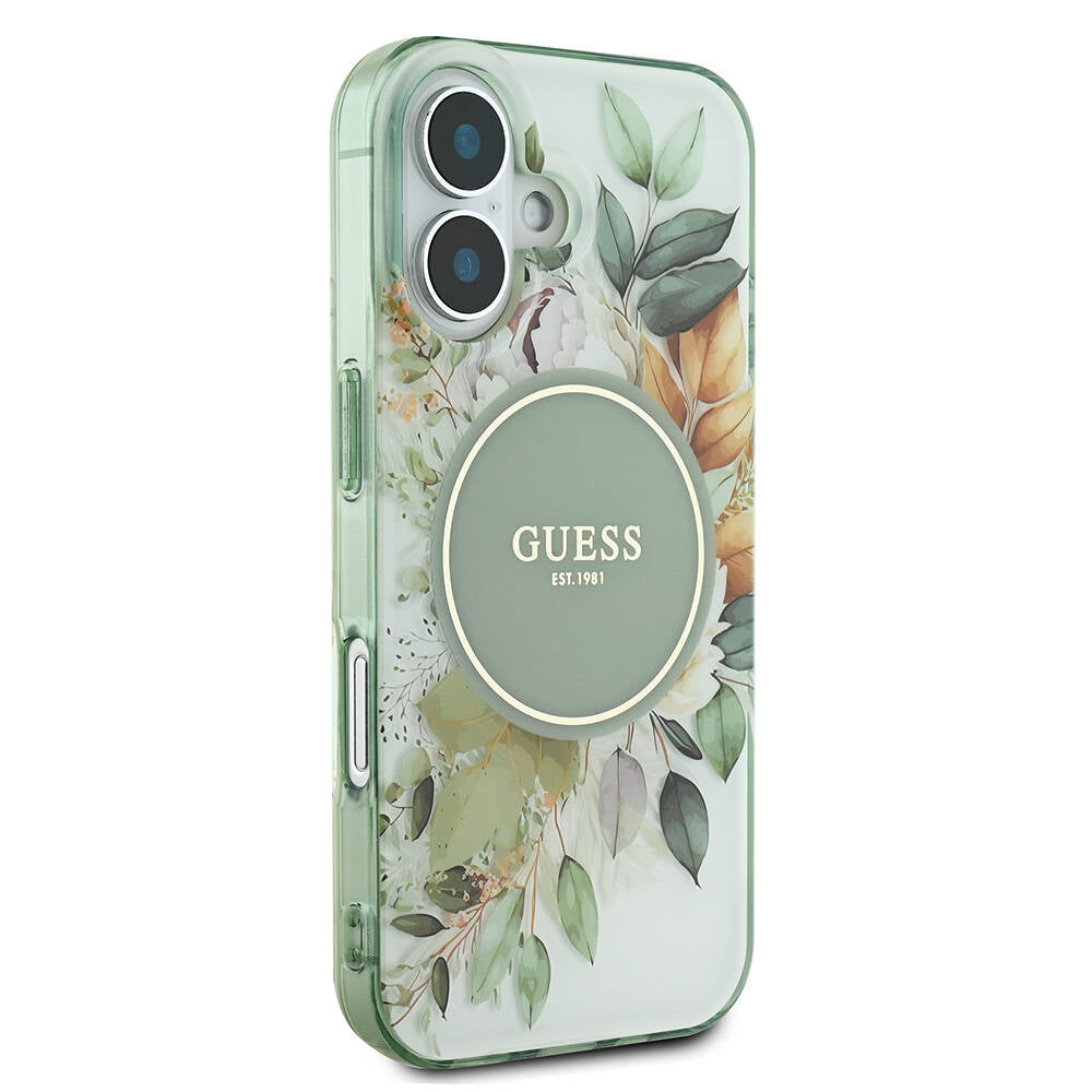 Apple iPhone 16 Kılıf Guess Orjinal Lisanslı M-safe Şarj Özellikli IML Baskılı Yazı Logolu Flower Tonal Circle Kapak