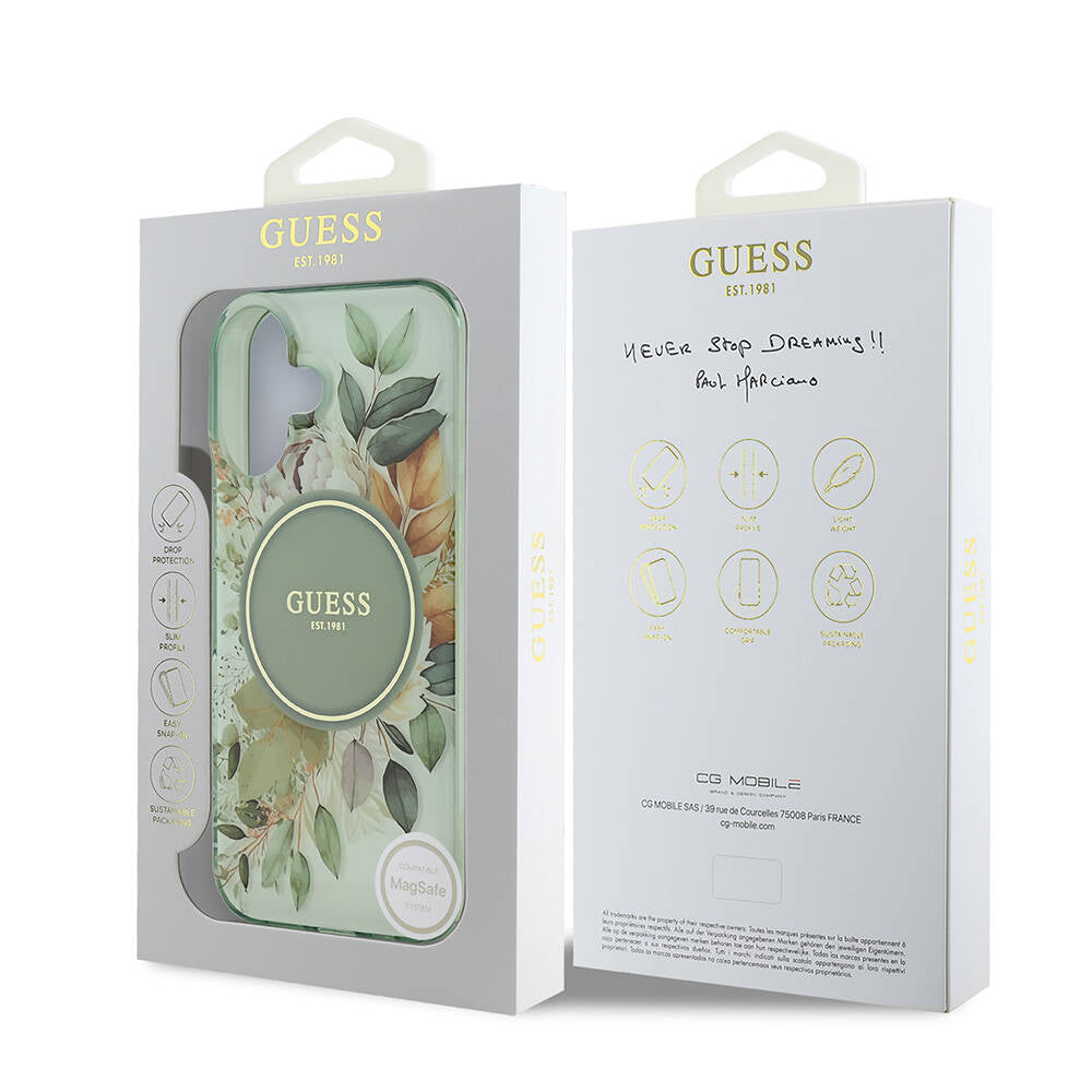 Apple iPhone 16 Kılıf Guess Orjinal Lisanslı M-safe Şarj Özellikli IML Baskılı Yazı Logolu Flower Tonal Circle Kapak