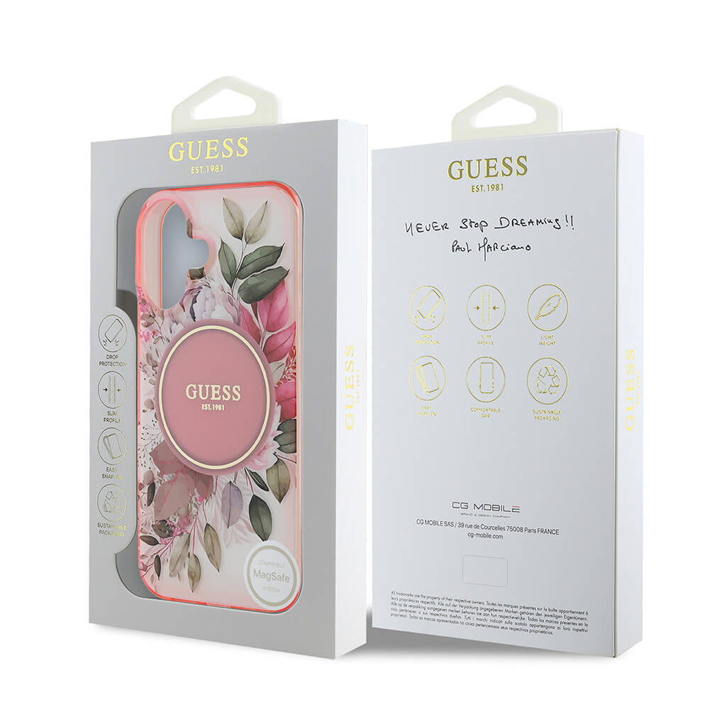 Apple iPhone 16 Kılıf Guess Orjinal Lisanslı M-safe Şarj Özellikli IML Baskılı Yazı Logolu Flower Tonal Circle Kapak