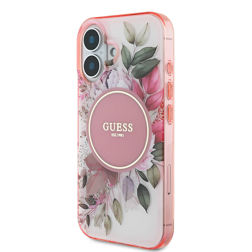 Apple iPhone 16 Kılıf Guess Orjinal Lisanslı M-safe Şarj Özellikli IML Baskılı Yazı Logolu Flower Tonal Circle Kapak
