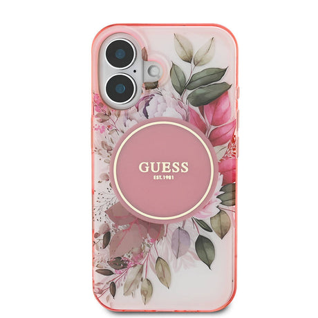Apple iPhone 16 Kılıf Guess Orjinal Lisanslı M-safe Şarj Özellikli IML Baskılı Yazı Logolu Flower Tonal Circle Kapak