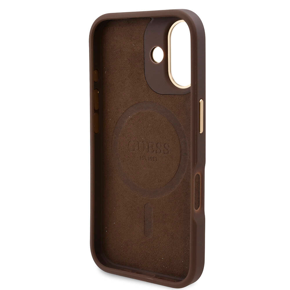 Apple iPhone 16 Kılıf Guess Orjinal Lisanslı M-safe Şarj Özellikli PU 4G Desenli Metal Plaka Klasik Logolu Kapak