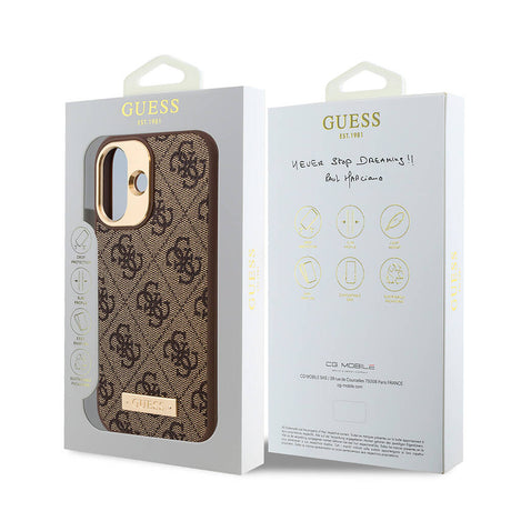 Apple iPhone 16 Kılıf Guess Orjinal Lisanslı M-safe Şarj Özellikli PU 4G Desenli Metal Plaka Klasik Logolu Kapak