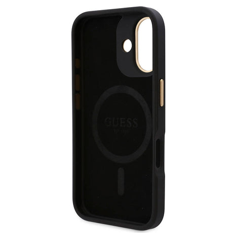 Apple iPhone 16 Kılıf Guess Orjinal Lisanslı M-safe Şarj Özellikli PU 4G Desenli Metal Plaka Klasik Logolu Kapak