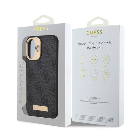 Apple iPhone 16 Kılıf Guess Orjinal Lisanslı M-safe Şarj Özellikli PU 4G Desenli Metal Plaka Klasik Logolu Kapak