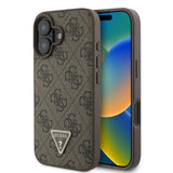 Apple iPhone 16 Kılıf Guess Orjinal Lisanslı M-safe Şarj Özellikli PU Deri 4G Desenli Taşlı Üçgen Logolu Kapak