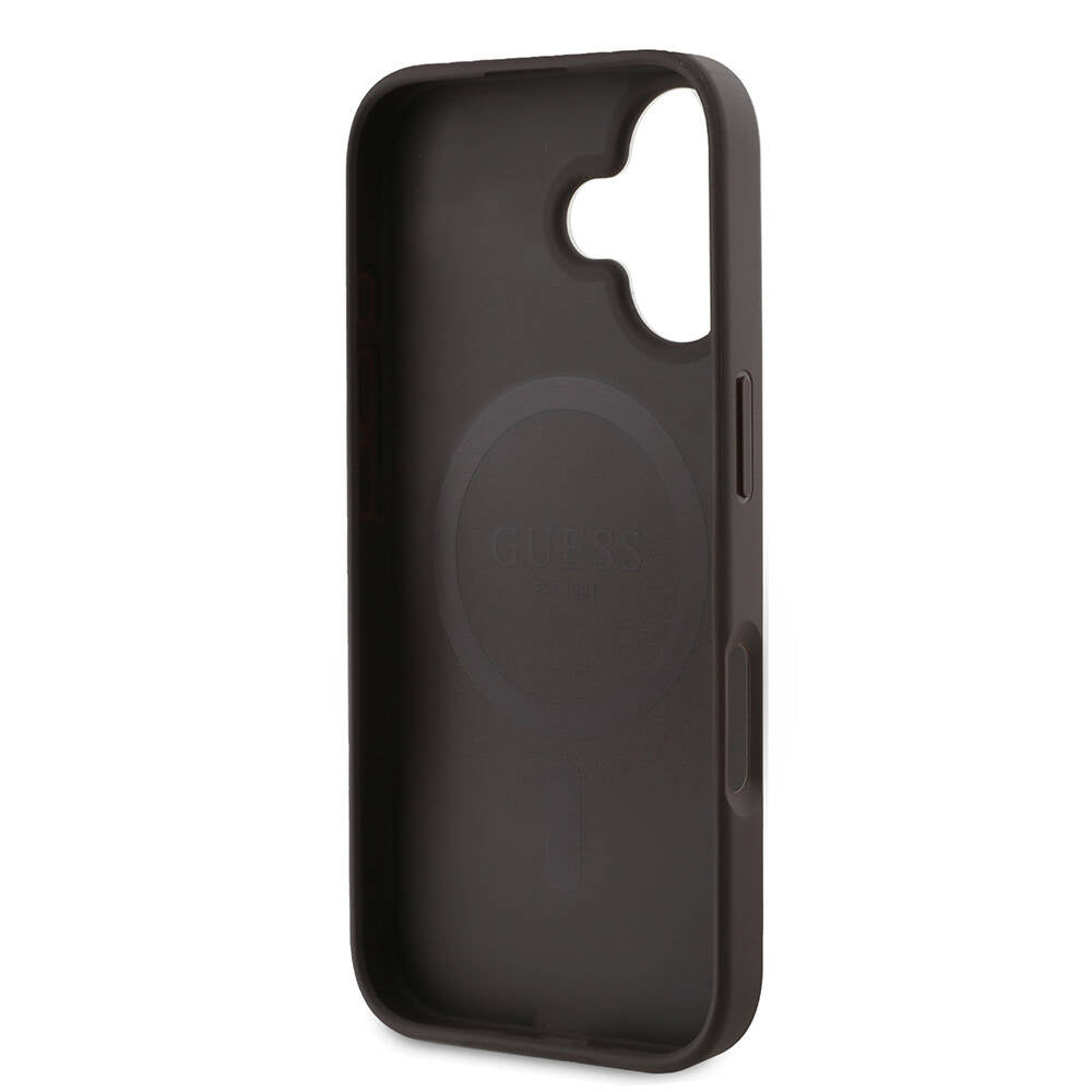 Apple iPhone 16 Kılıf Guess Orjinal Lisanslı M-safe Şarj Özellikli PU Deri 4G Desenli Taşlı Üçgen Logolu Kapak