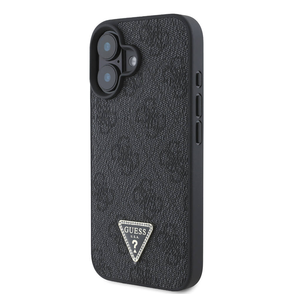 Apple iPhone 16 Kılıf Guess Orjinal Lisanslı M-safe Şarj Özellikli PU Deri 4G Desenli Taşlı Üçgen Logolu Kapak