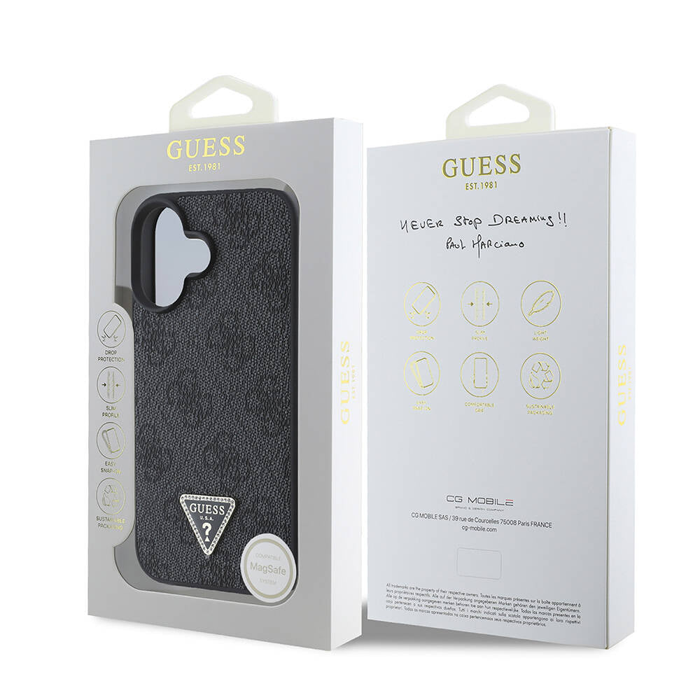 Apple iPhone 16 Kılıf Guess Orjinal Lisanslı M-safe Şarj Özellikli PU Deri 4G Desenli Taşlı Üçgen Logolu Kapak
