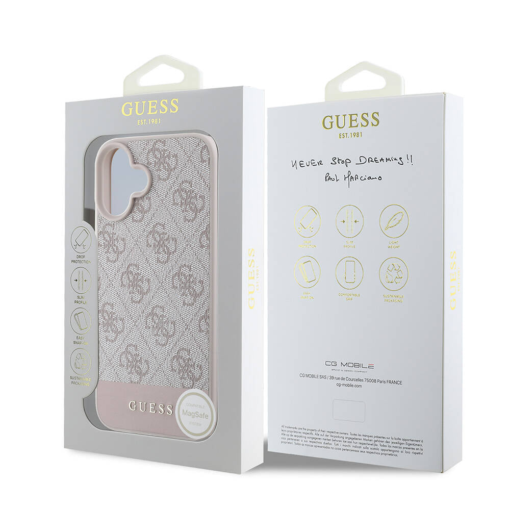 Apple iPhone 16 Kılıf Guess Orjinal Lisanslı M-safe Şarj Özellikli PU Deri Şerit Logo Dizaynlı Kapak
