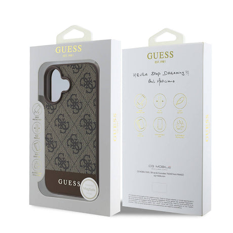 Apple iPhone 16 Kılıf Guess Orjinal Lisanslı M-safe Şarj Özellikli PU Deri Şerit Logo Dizaynlı Kapak