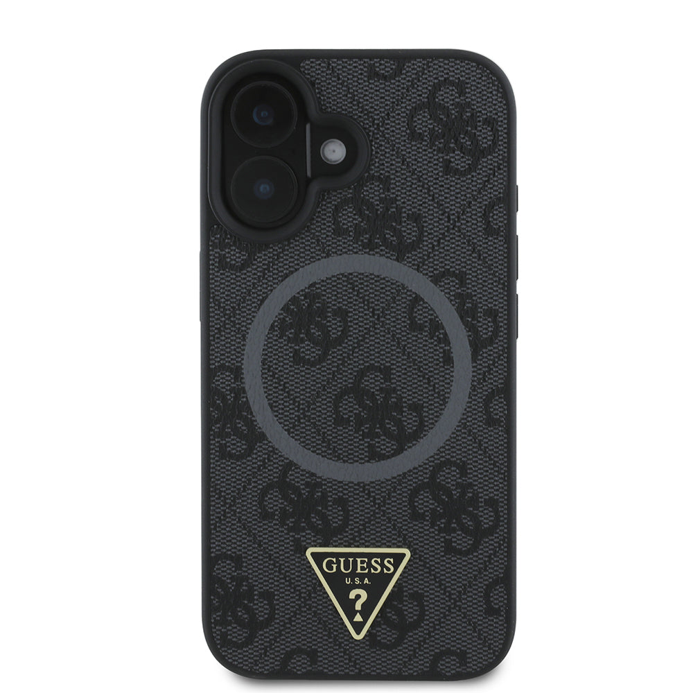 Apple iPhone 16 Kılıf Guess Orjinal Lisanslı M-safe Şarj Özellikli PU Üçgen Logo 4G Desenli Kapak