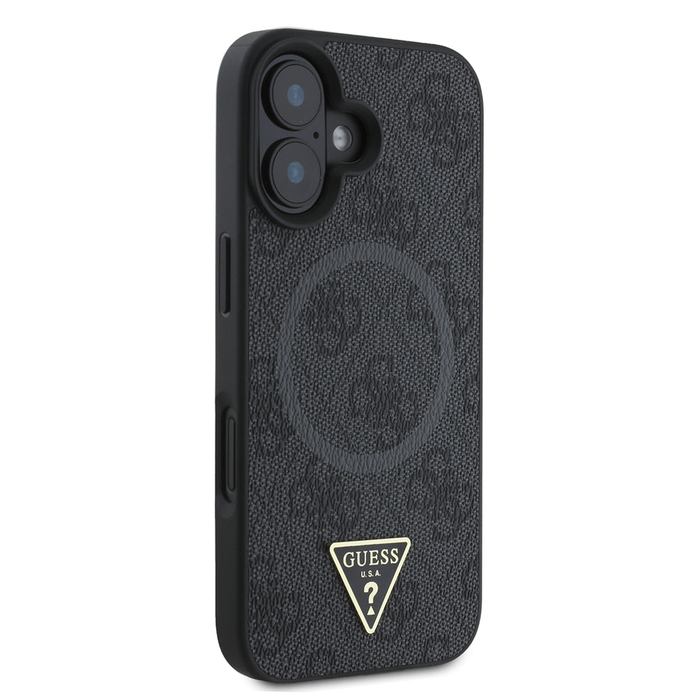 Apple iPhone 16 Kılıf Guess Orjinal Lisanslı M-safe Şarj Özellikli PU Üçgen Logo 4G Desenli Kapak