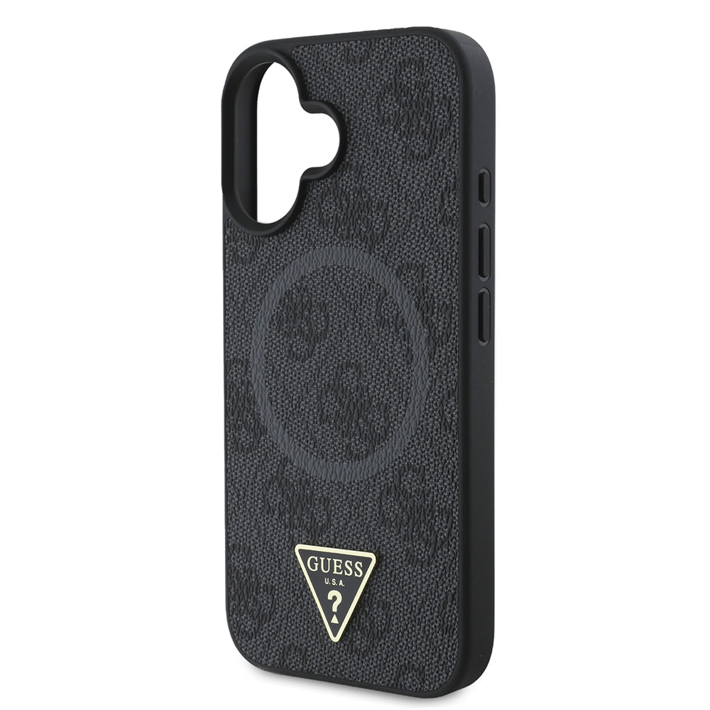 Apple iPhone 16 Kılıf Guess Orjinal Lisanslı M-safe Şarj Özellikli PU Üçgen Logo 4G Desenli Kapak