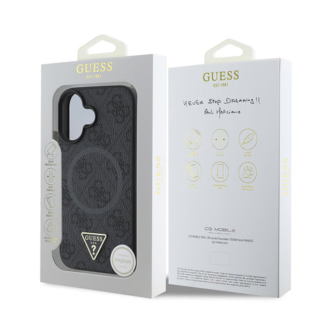 Apple iPhone 16 Kılıf Guess Orjinal Lisanslı M-safe Şarj Özellikli PU Üçgen Logo 4G Desenli Kapak