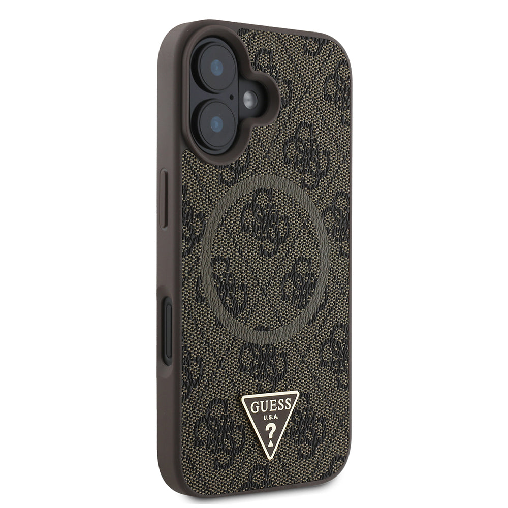 Apple iPhone 16 Kılıf Guess Orjinal Lisanslı M-safe Şarj Özellikli PU Üçgen Logo 4G Desenli Kapak