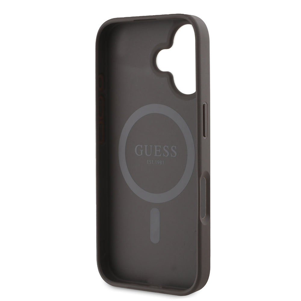 Apple iPhone 16 Kılıf Guess Orjinal Lisanslı M-safe Şarj Özellikli PU Üçgen Logo 4G Desenli Kapak