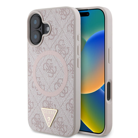 Apple iPhone 16 Kılıf Guess Orjinal Lisanslı M-safe Şarj Özellikli PU Üçgen Logo 4G Desenli Kapak