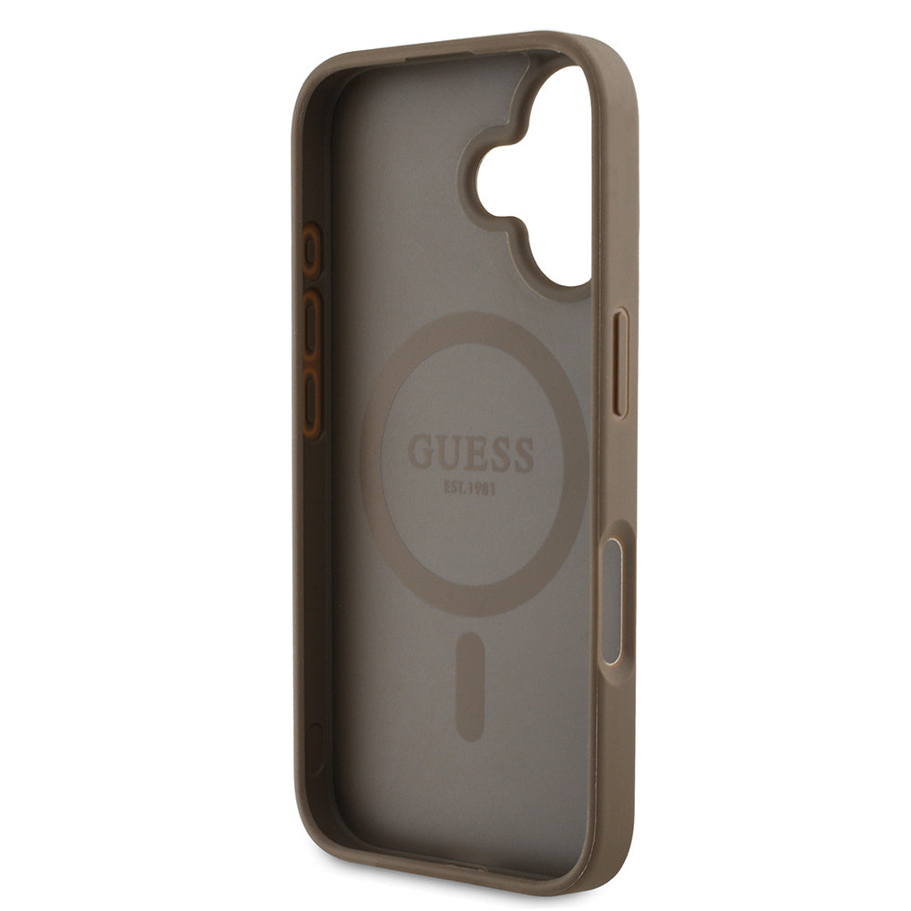 Apple iPhone 16 Kılıf Guess Orjinal Lisanslı M-safe Şarj Özellikli Sıcak Baskılı Üçgen Logolu PU Deri Peony Kapak