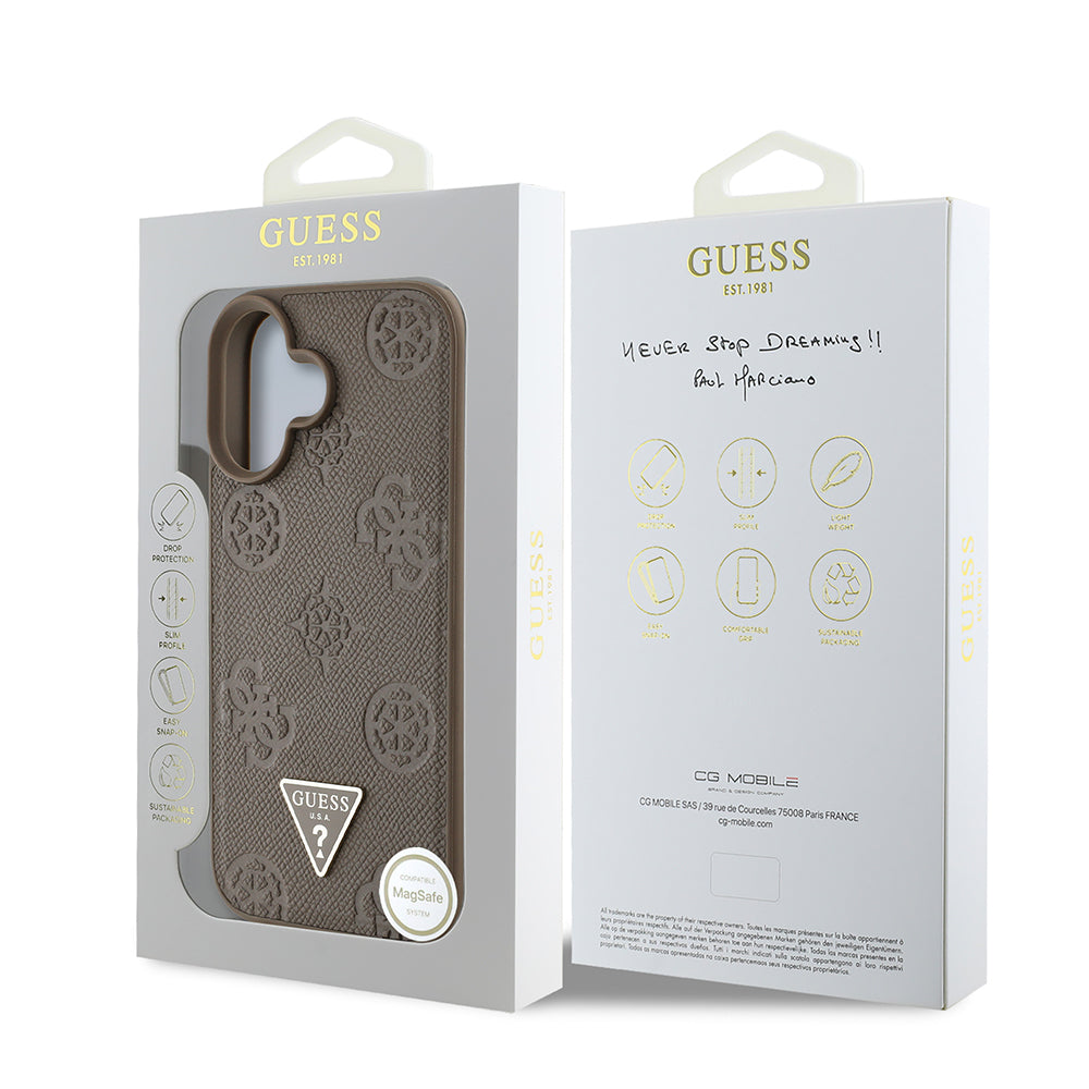 Apple iPhone 16 Kılıf Guess Orjinal Lisanslı M-safe Şarj Özellikli Sıcak Baskılı Üçgen Logolu PU Deri Peony Kapak