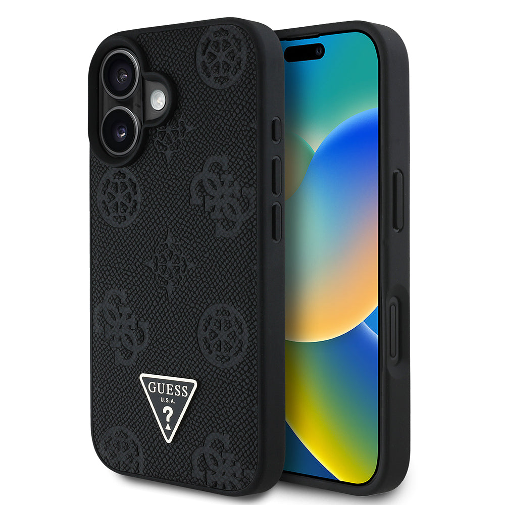 Apple iPhone 16 Kılıf Guess Orjinal Lisanslı M-safe Şarj Özellikli Sıcak Baskılı Üçgen Logolu PU Deri Peony Kapak