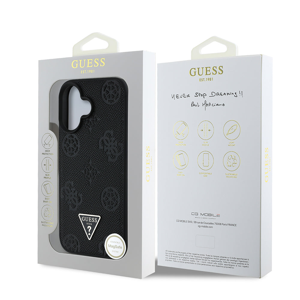 Apple iPhone 16 Kılıf Guess Orjinal Lisanslı M-safe Şarj Özellikli Sıcak Baskılı Üçgen Logolu PU Deri Peony Kapak