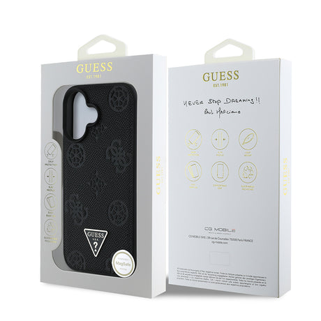 Apple iPhone 16 Kılıf Guess Orjinal Lisanslı M-safe Şarj Özellikli Sıcak Baskılı Üçgen Logolu PU Deri Peony Kapak