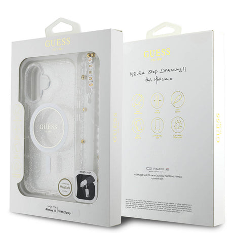 Apple iPhone 16 Kılıf Guess Orjinal Lisanslı M-safe Şarj Özellikli Simli Silikon İnci Bileklikli Kapak