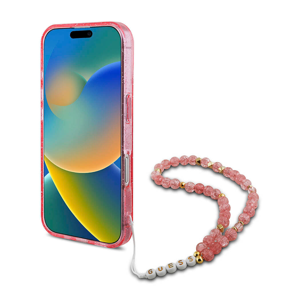 Apple iPhone 16 Kılıf Guess Orjinal Lisanslı M-safe Şarj Özellikli Simli Silikon İnci Bileklikli Kapak