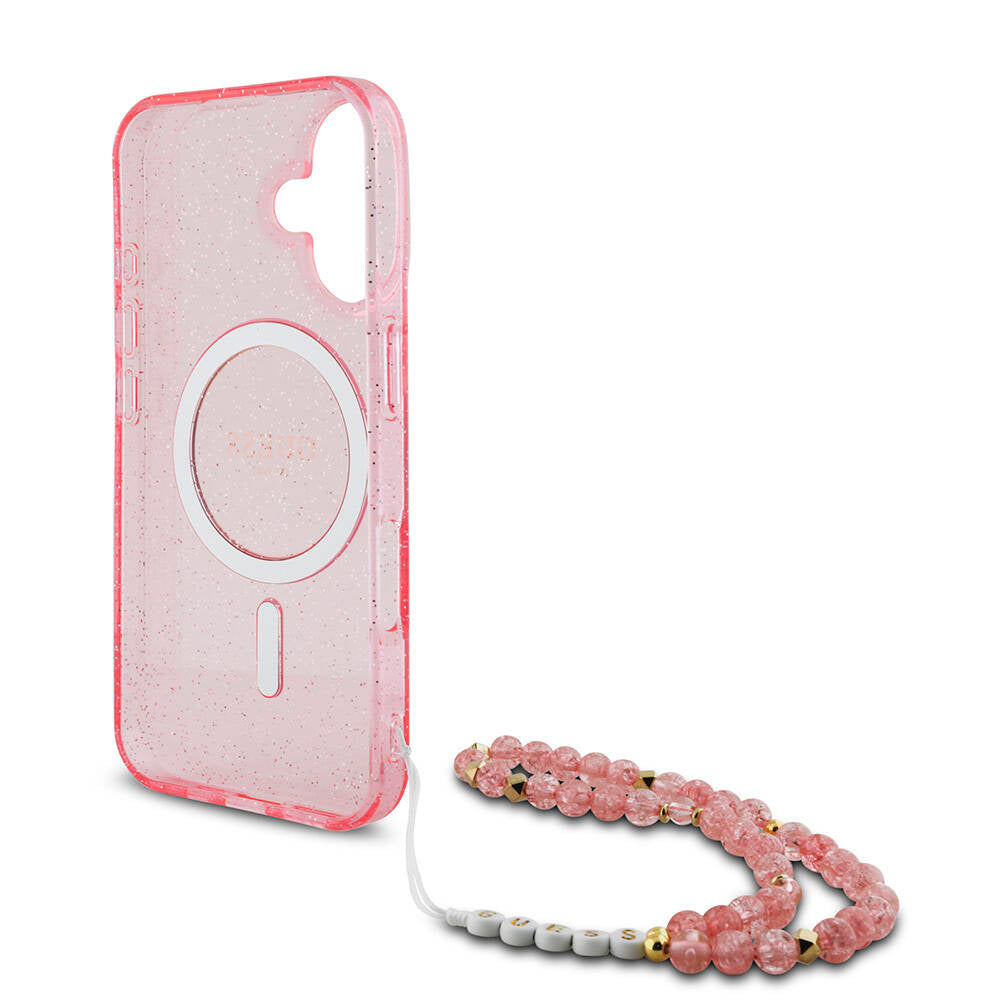 Apple iPhone 16 Kılıf Guess Orjinal Lisanslı M-safe Şarj Özellikli Simli Silikon İnci Bileklikli Kapak