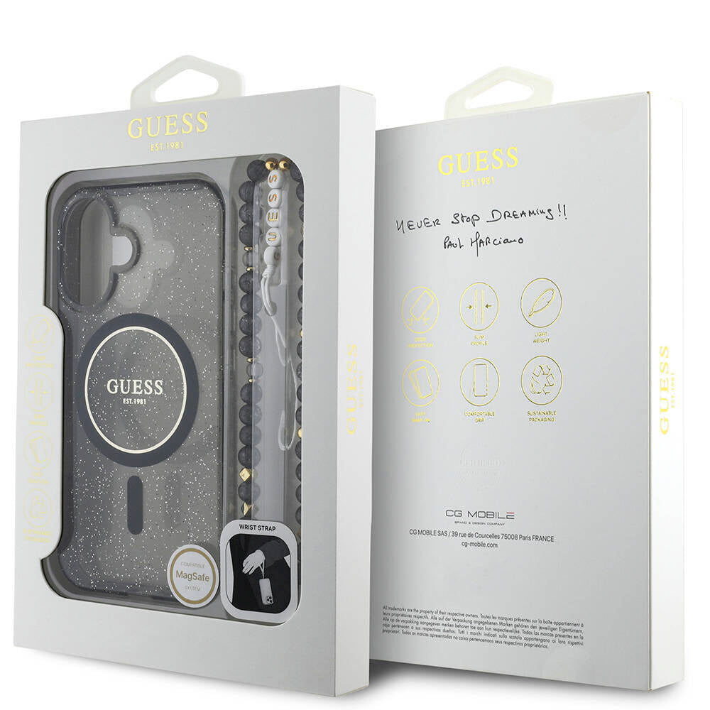 Apple iPhone 16 Kılıf Guess Orjinal Lisanslı M-safe Şarj Özellikli Simli Silikon İnci Bileklikli Kapak