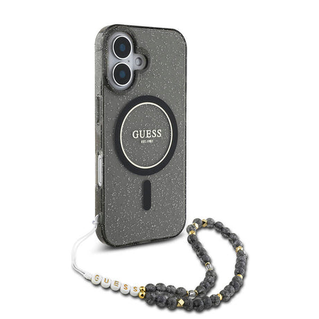 Apple iPhone 16 Kılıf Guess Orjinal Lisanslı M-safe Şarj Özellikli Simli Silikon İnci Bileklikli Kapak