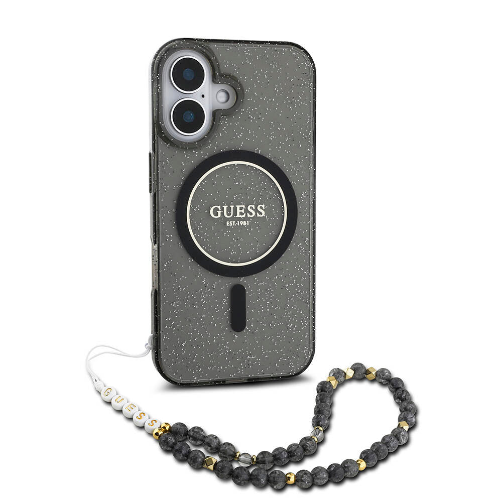 Apple iPhone 16 Kılıf Guess Orjinal Lisanslı M-safe Şarj Özellikli Simli Silikon İnci Bileklikli Kapak