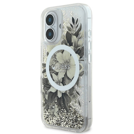 Apple iPhone 16 Kılıf Guess Orjinal Lisanslı M-safe Şarj Özellikli Sıvılı Simli Çiçek Desenli Kapak