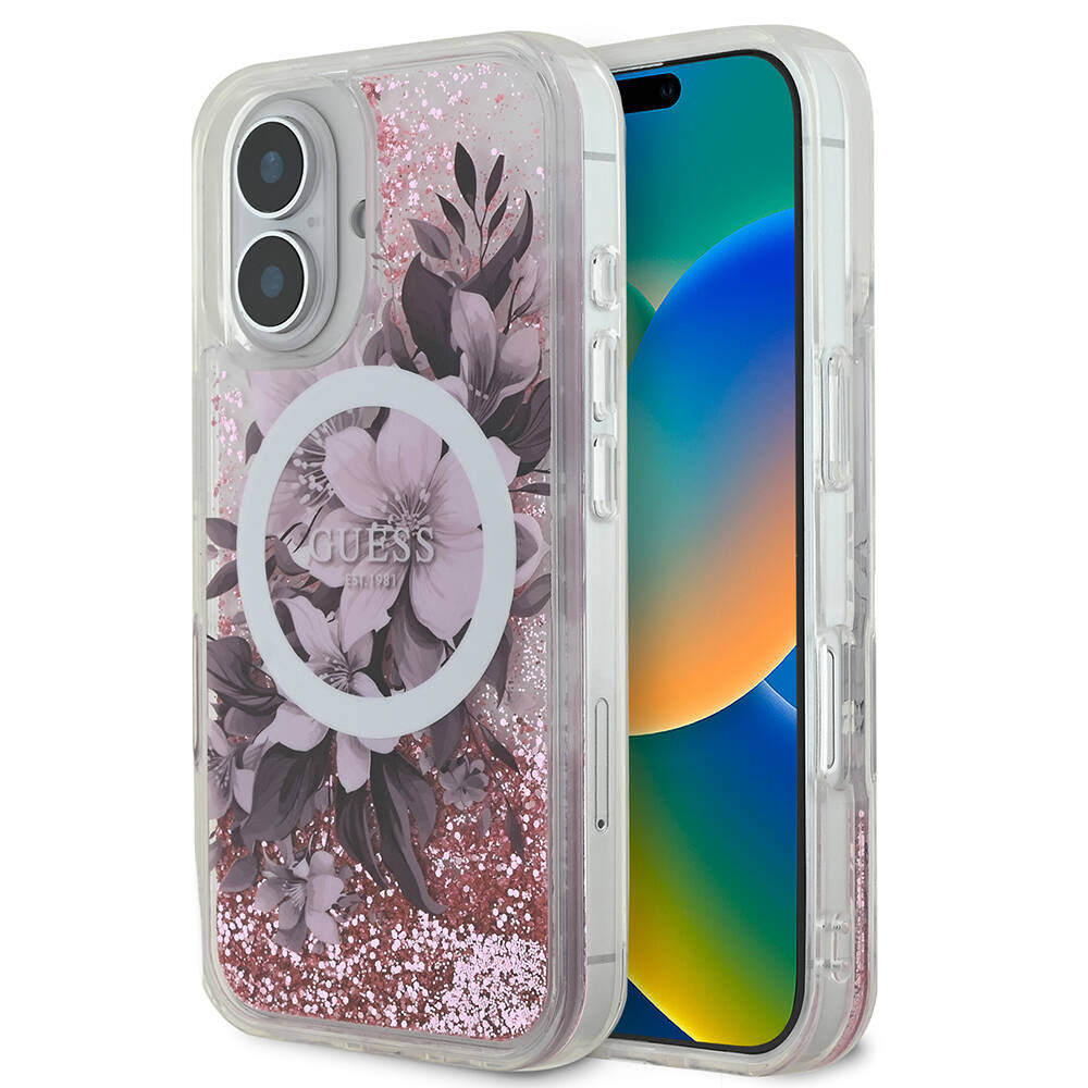 Apple iPhone 16 Kılıf Guess Orjinal Lisanslı M-safe Şarj Özellikli Sıvılı Simli Çiçek Desenli Kapak