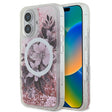 Apple iPhone 16 Kılıf Guess Orjinal Lisanslı M-safe Şarj Özellikli Sıvılı Simli Çiçek Desenli Kapak