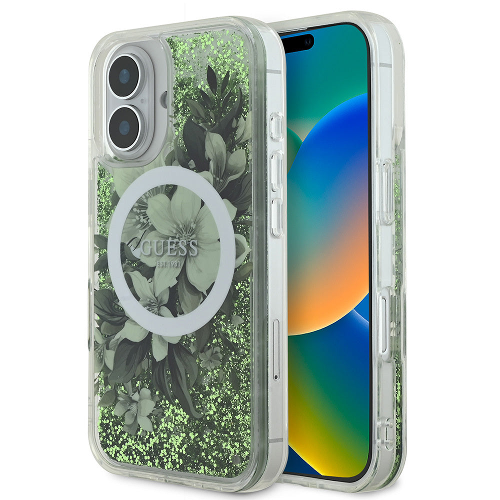 Apple iPhone 16 Kılıf Guess Orjinal Lisanslı M-safe Şarj Özellikli Sıvılı Simli Çiçek Desenli Kapak