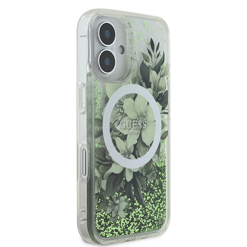 Apple iPhone 16 Kılıf Guess Orjinal Lisanslı M-safe Şarj Özellikli Sıvılı Simli Çiçek Desenli Kapak