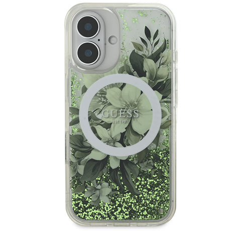 Apple iPhone 16 Kılıf Guess Orjinal Lisanslı M-safe Şarj Özellikli Sıvılı Simli Çiçek Desenli Kapak