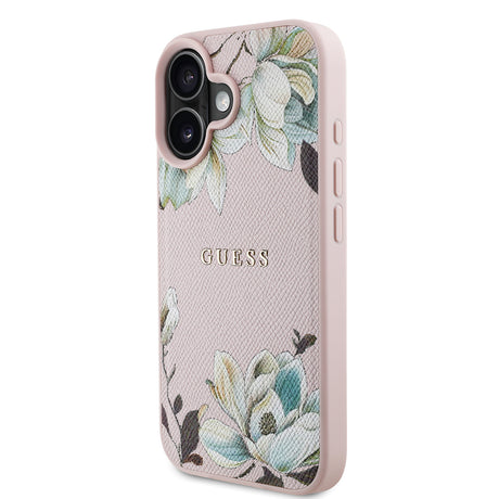 Apple iPhone 16 Kılıf Guess Orjinal Lisanslı M-safe Şarj Özellikli Taneli Çiçek Tasarımlı Metal Yazı Logolu Kapak