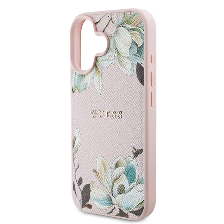 Apple iPhone 16 Kılıf Guess Orjinal Lisanslı M-safe Şarj Özellikli Taneli Çiçek Tasarımlı Metal Yazı Logolu Kapak