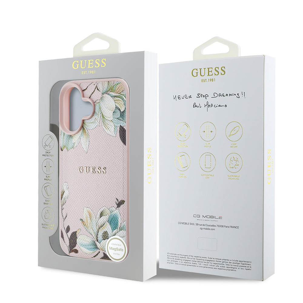 Apple iPhone 16 Kılıf Guess Orjinal Lisanslı M-safe Şarj Özellikli Taneli Çiçek Tasarımlı Metal Yazı Logolu Kapak