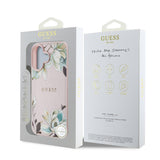 Apple iPhone 16 Kılıf Guess Orjinal Lisanslı M-safe Şarj Özellikli Taneli Çiçek Tasarımlı Metal Yazı Logolu Kapak