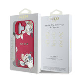 Apple iPhone 16 Kılıf Guess Orjinal Lisanslı M-safe Şarj Özellikli Taneli Çiçek Tasarımlı Metal Yazı Logolu Kapak