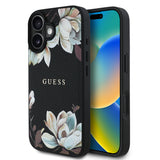 Apple iPhone 16 Kılıf Guess Orjinal Lisanslı M-safe Şarj Özellikli Taneli Çiçek Tasarımlı Metal Yazı Logolu Kapak