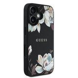 Apple iPhone 16 Kılıf Guess Orjinal Lisanslı M-safe Şarj Özellikli Taneli Çiçek Tasarımlı Metal Yazı Logolu Kapak