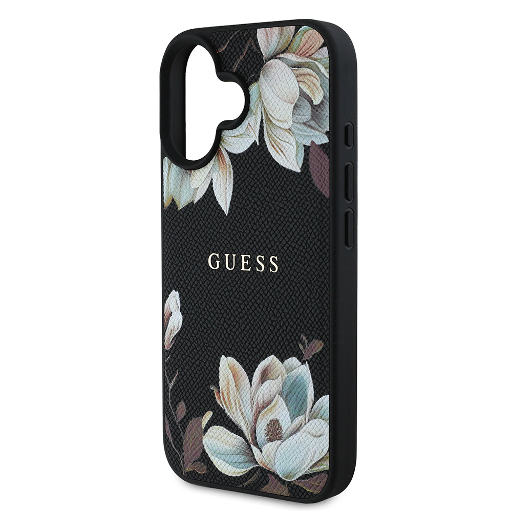 Apple iPhone 16 Kılıf Guess Orjinal Lisanslı M-safe Şarj Özellikli Taneli Çiçek Tasarımlı Metal Yazı Logolu Kapak